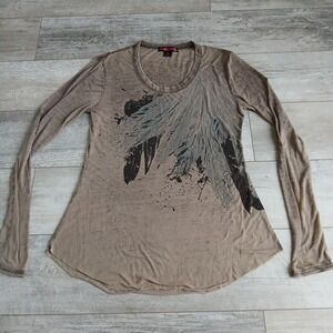 Rock & Roll Cowgirl L Long Sleeve Rhinestone Feather Graphic Top